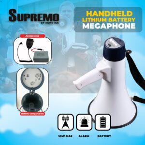 Supremo Handheld Megaphone with Microphone 50 Watts SMP-V16-50W Talk/Play/Siren/USB/TF Cards/Record/Bluetooth