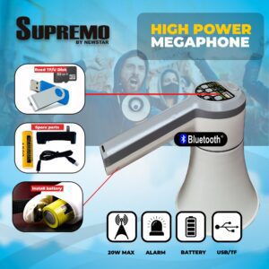 Supremo Handheld Megaphone 3.7V 20 Watts SMP-V18-20W Talk/Play/Siren/USB/TF Cards/Record/Bluetooth