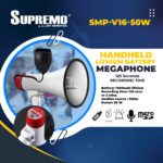 Supremo Handheld Megaphone with Microphone 50 Watts Talk/Play/Siren/USB/TF Cards/Record/Bluetooth SMP-V16-50W/R