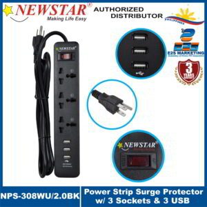 Newstar Power Strip 3 UN Sockets w/ 3.4A USB 1 Single Switch (Black) NPS-308WU/2.0-BK