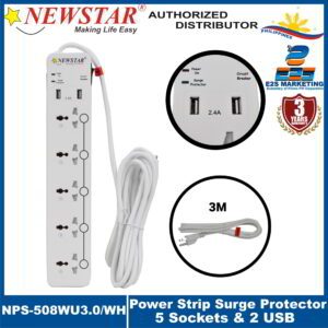 Newstar Power Strip Surge Protector + USB Charging Ports (3 Meters) (White) NPS-508WU/3.0-WH