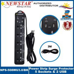 Newstar Power Strip Surge Protector + USB Charging Ports (3 Meters) (Black) NPS-508WU/3.0-BK